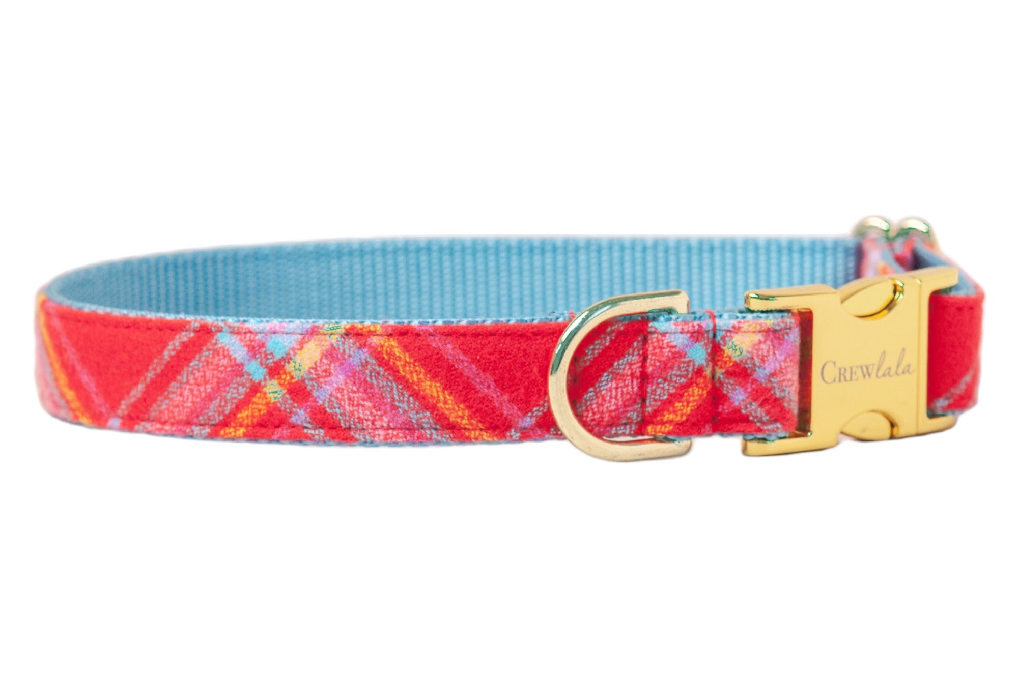 Colorful plaid flannel dog collar in vibrant red. Includes a sturdy metal D-ring and matching buckle with “Crewlala” branding.