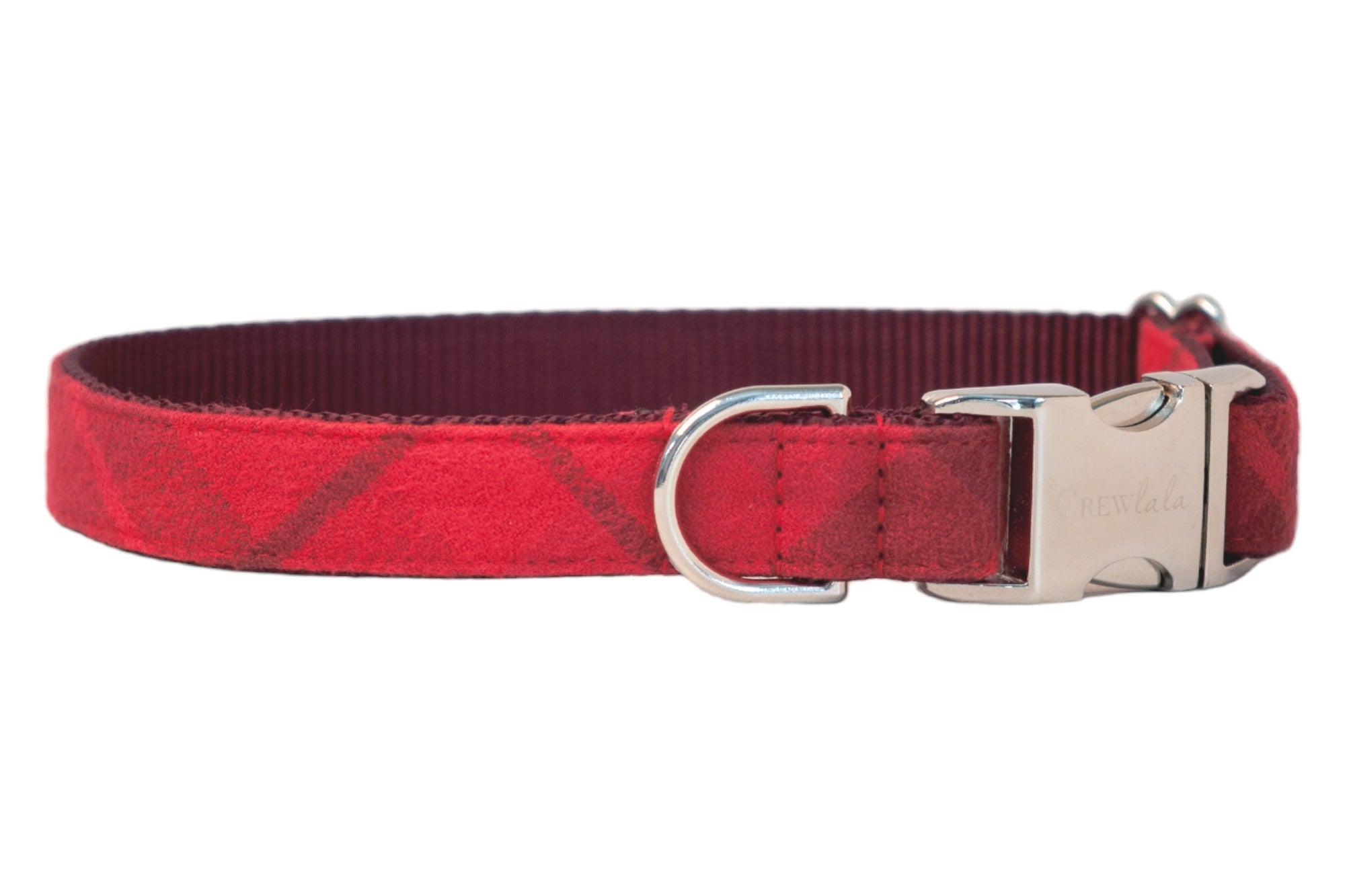 Classic red dog collar featuring a subtle plaid pattern, luxe hardware, and reinforced stitching for a secure, stylish fit.