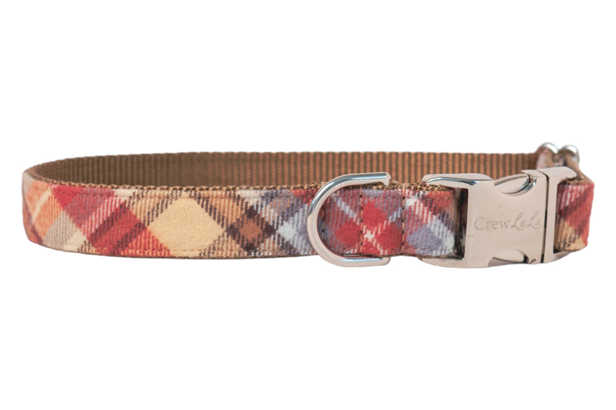 Fall-themed plaid dog collar in warm hues, made from durable flannel material with a metal D-ring and matching engraved side-release buckle.