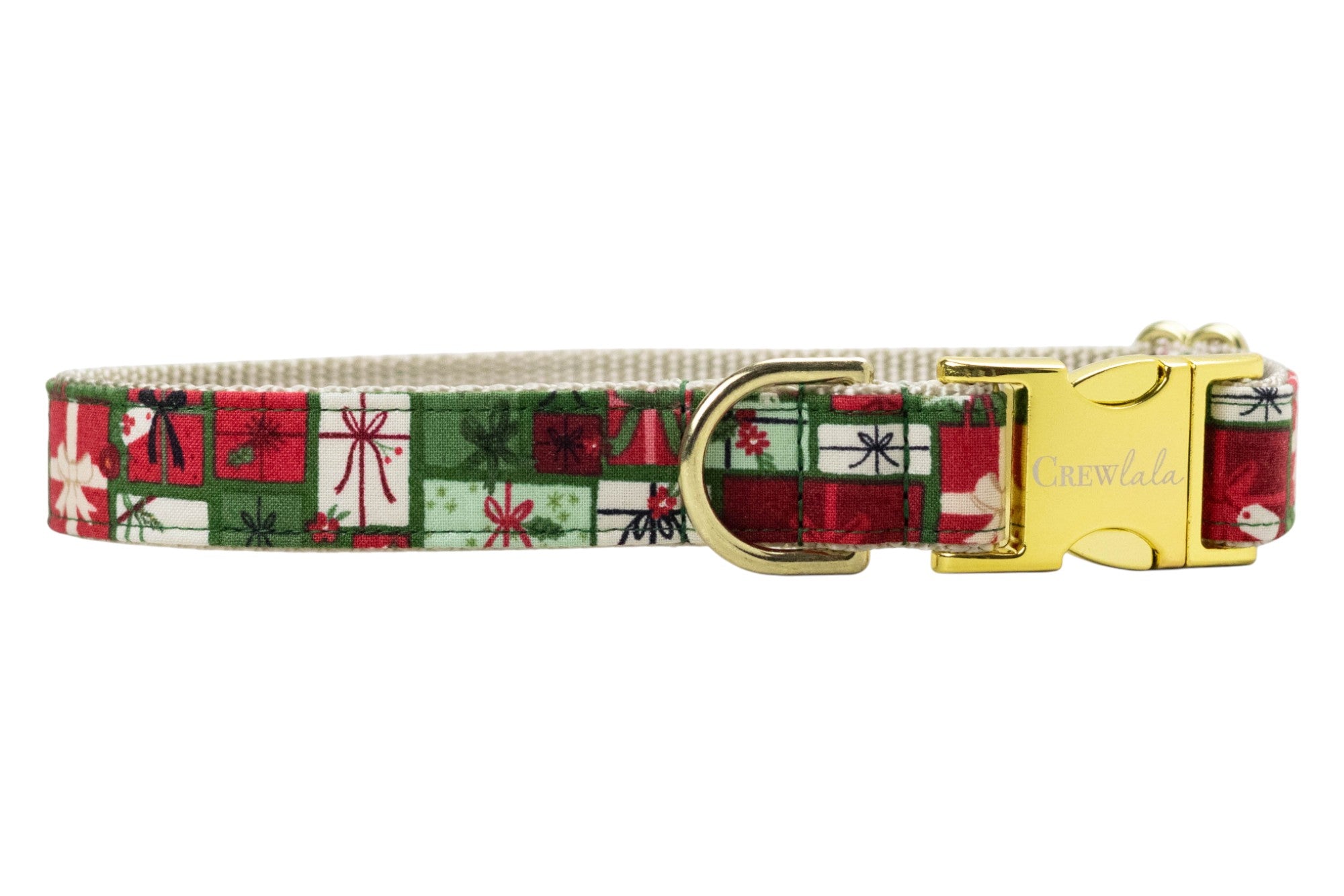 Holiday dog collar made from fabric featuring a tightly packed grid of gift boxes, each wrapped with decorative bows and tags in festive colors. The collar is backed with nylon webbing and finished with polished hardware, including a branded “Crewlala” side-release buckle and D-ring.