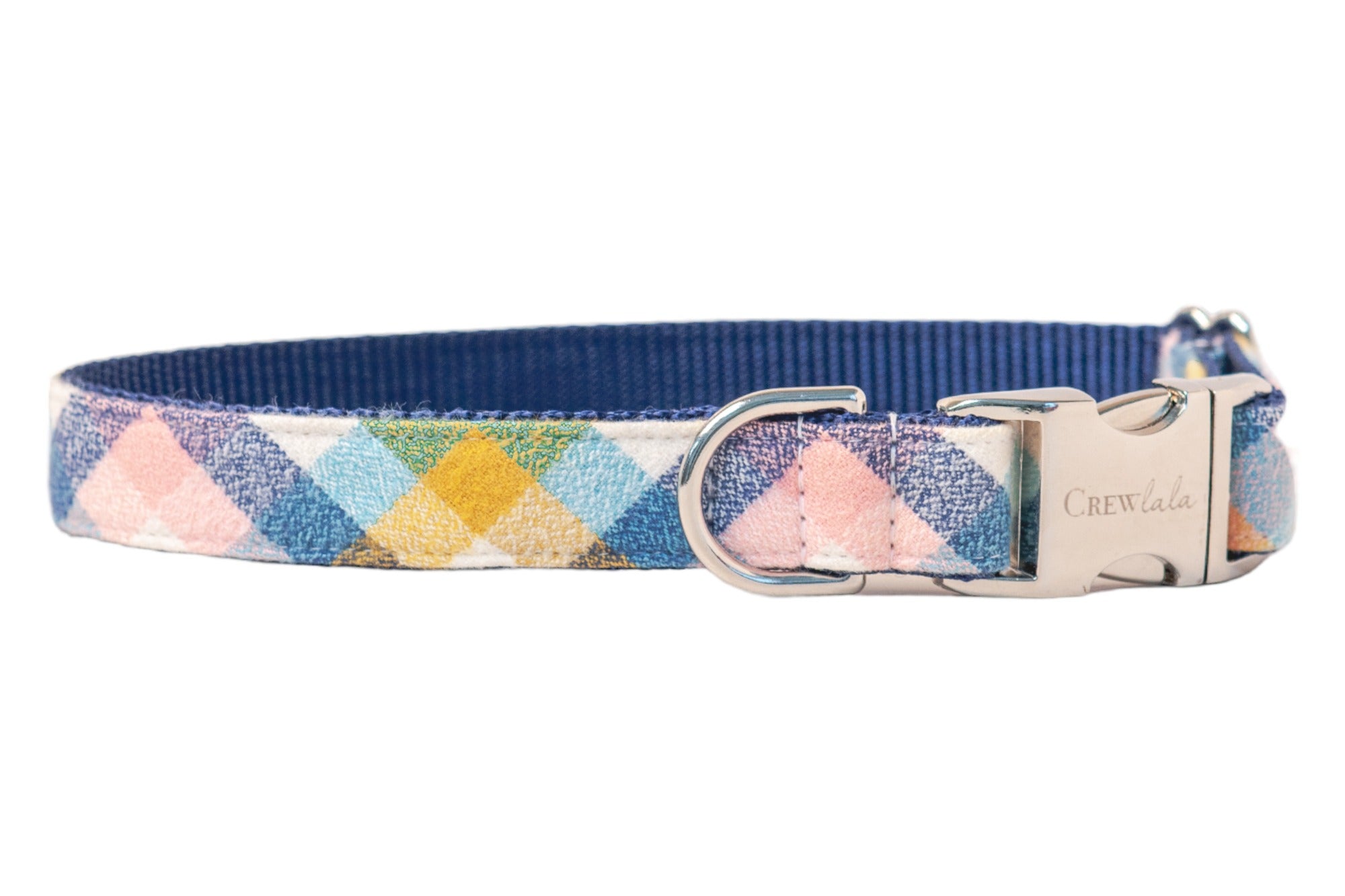 A burst of color for your pup’s daily look! This multicolor plaid dog collar features soft pastel flannel, navy nylon webbing, and shiny hardware for standout style and comfort.