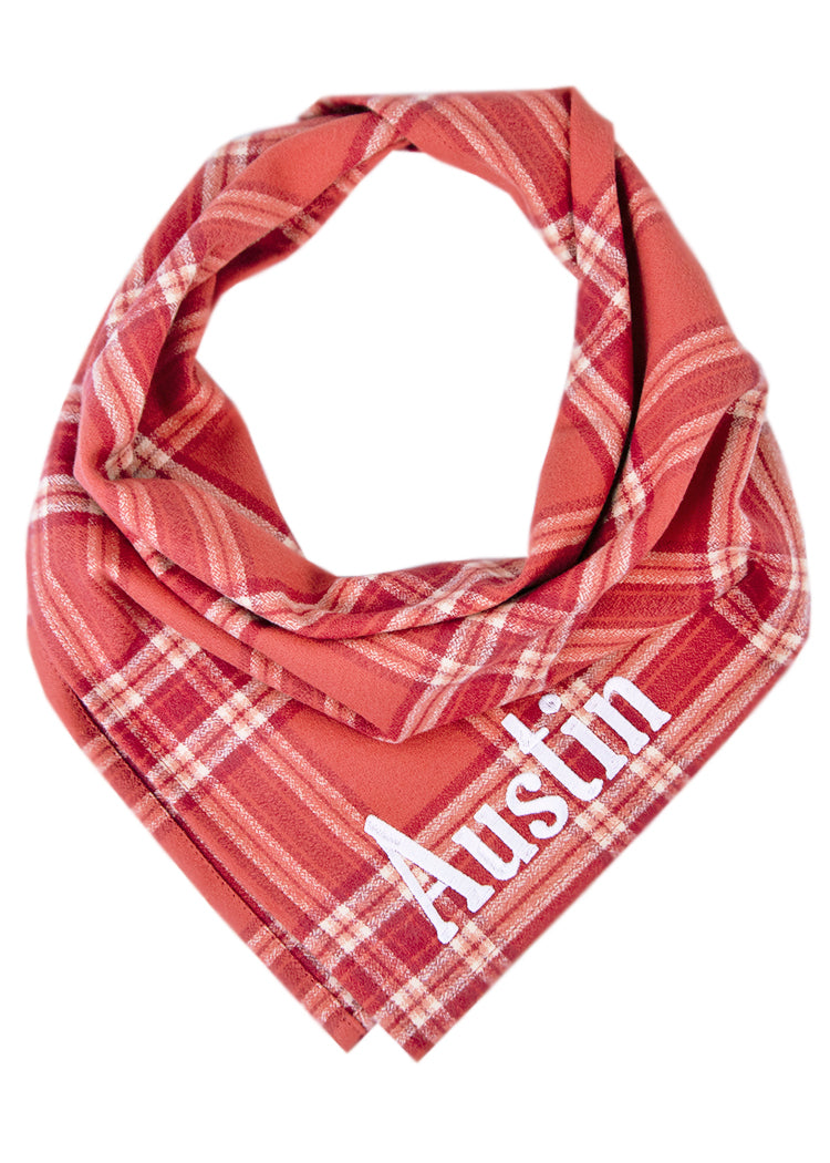 Stay warm and wag-worthy in this classic pink plaid bandana, made from ultra-soft flannel in a timeless triangle fold. A must-have accessory for stylish pups this fall. The name "Austin" is embroidered on the lower right.