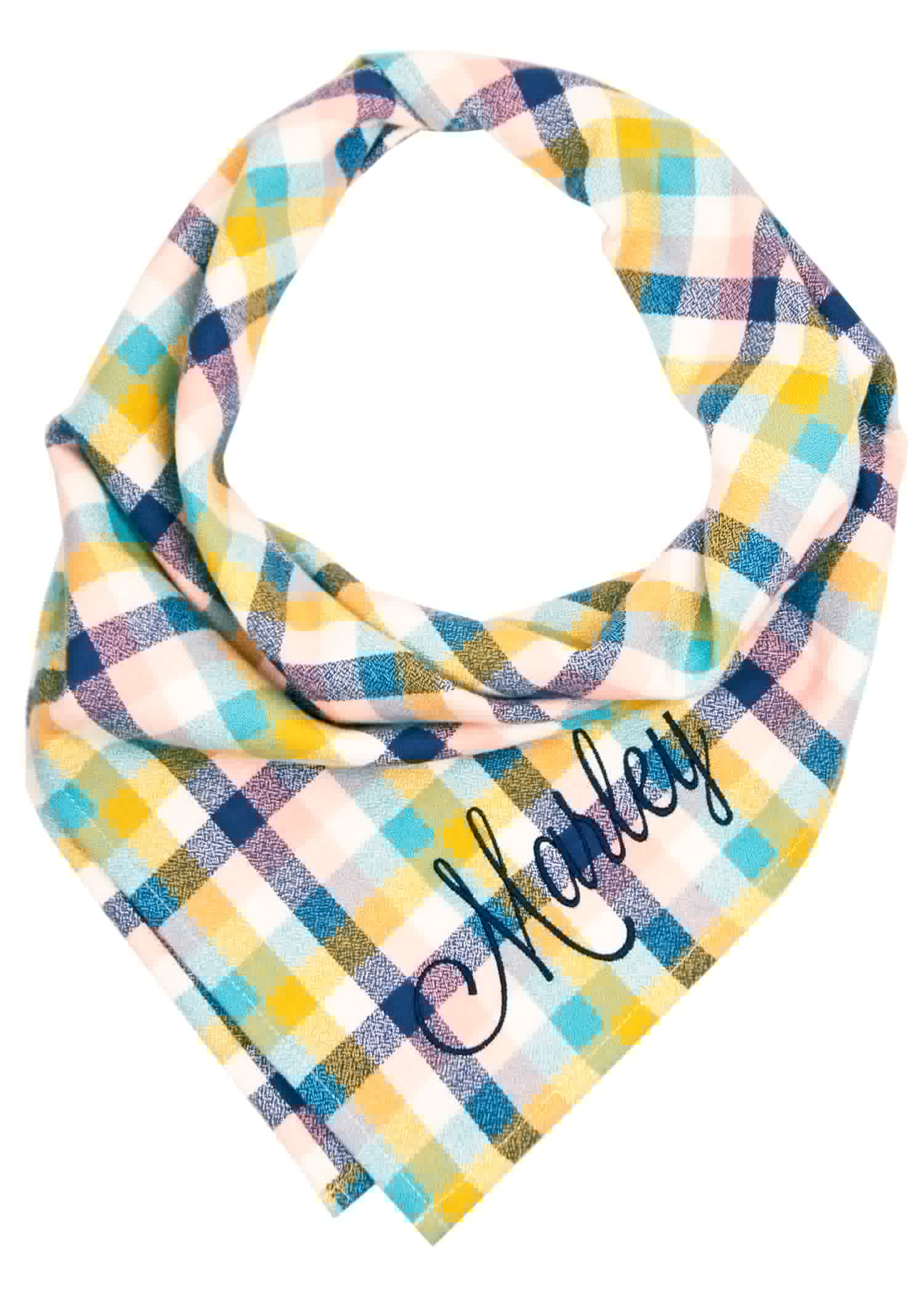 Turn up the charm with this vibrant plaid dog bandana, featuring a cozy flannel texture and a rainbow of pastel hues in a timeless triangle fold. The name "Marley" is embroidered on the bottom right.