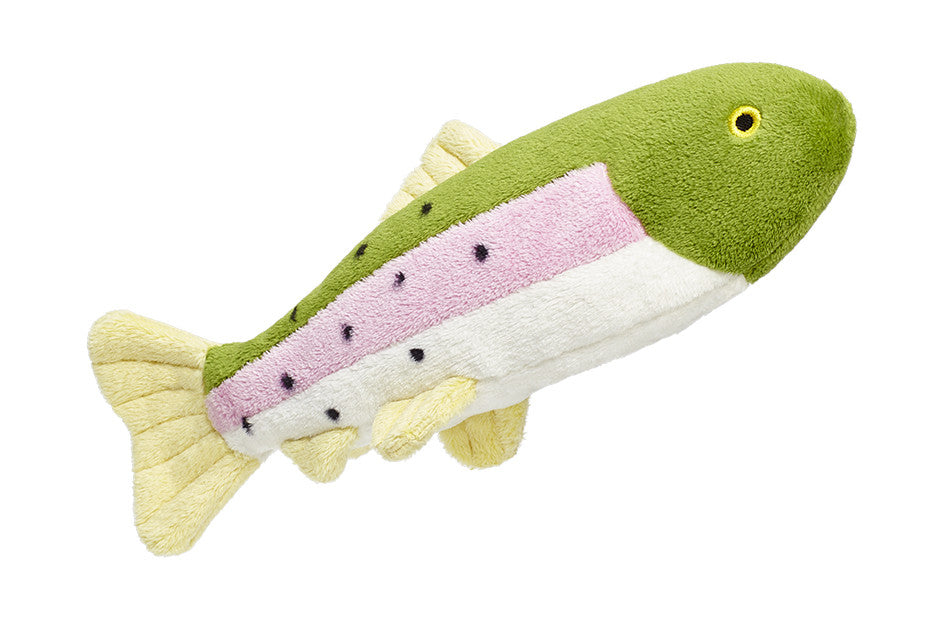 Plush dog toy designed to resemble a rainbow trout, featuring a green back, pink stripe, white belly, and yellow fins with black spots for added detail.