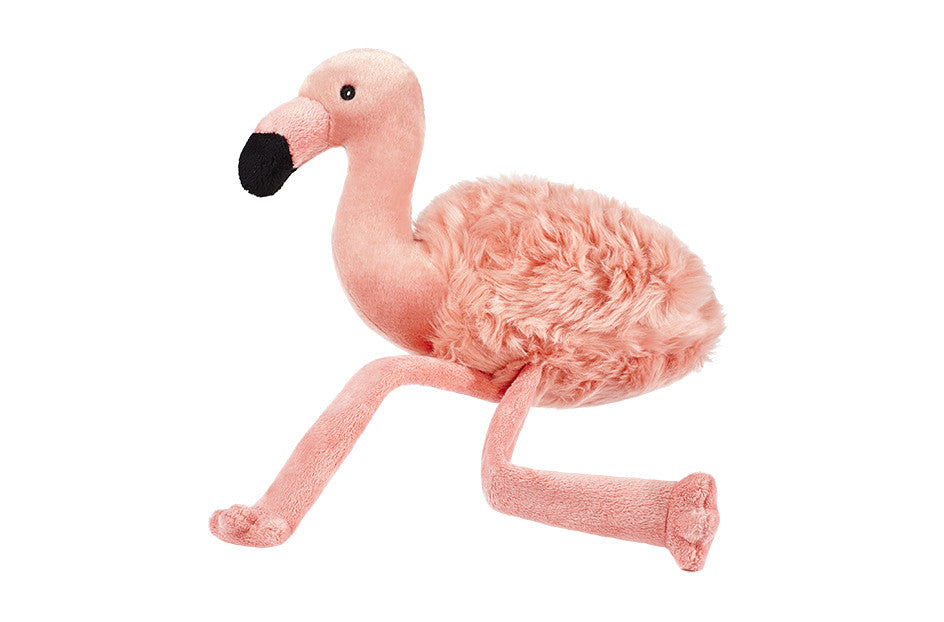 Plush flamingo dog toy with a fluffy, textured pink body, long bendable legs, and a black beak, posed against a plain white background.